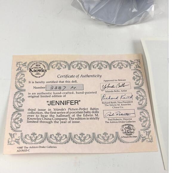 VTG Ashton Drake Jennifer Porcelain Doll by Yolanda Bello 1980s Perfect Babies - Picture 7 of 16